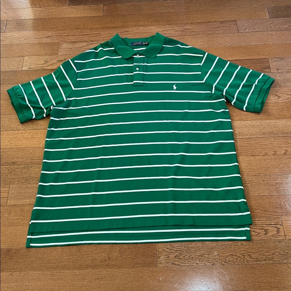 Polo by Ralph Lauren Men Green and White Striped Cotton Polo Shirt Sz 3XLT Class